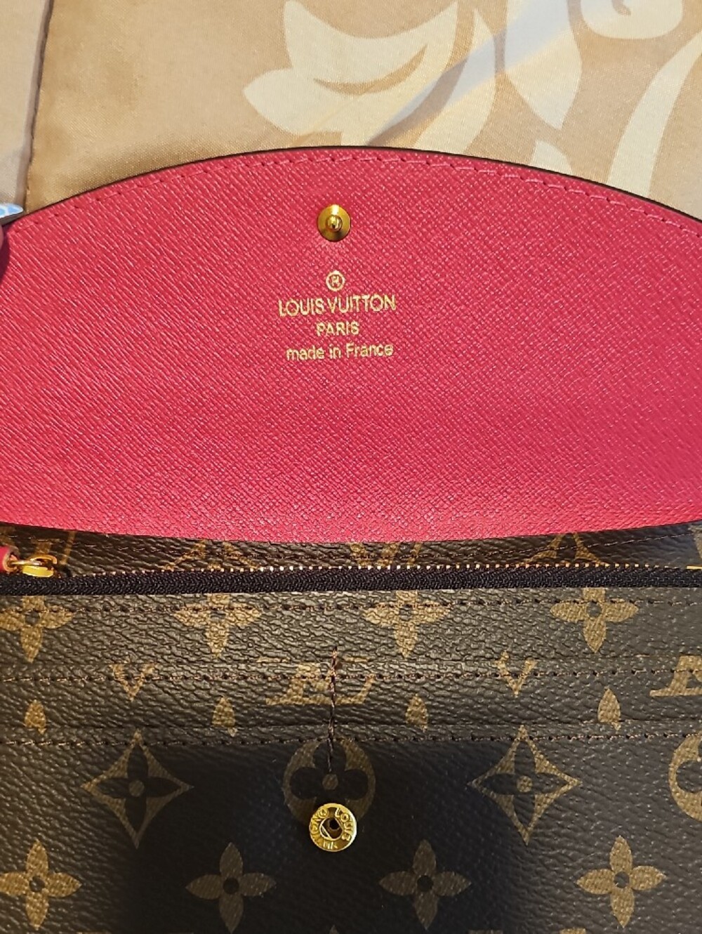 Inspired Monogram Snap Wallet in Brown with Pink Button - Picture 3 of 10